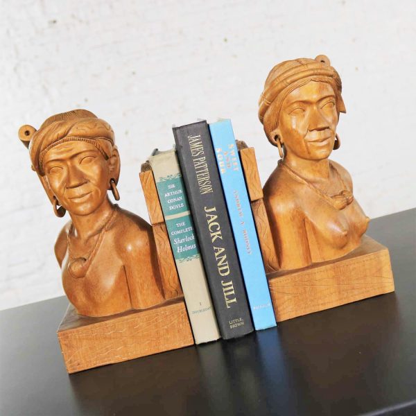 Pair Hand Carved Wood Tribal Figural Male and Female Bookends