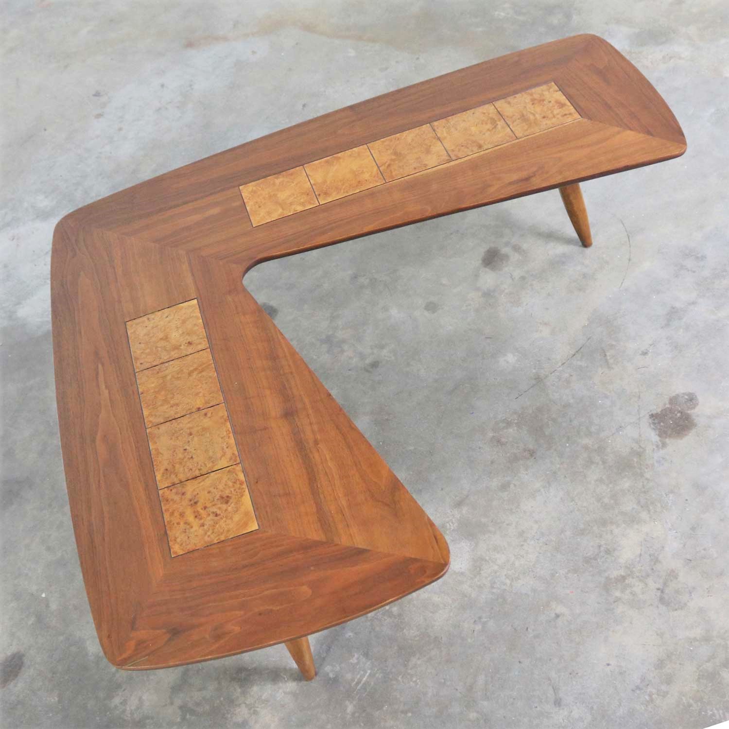 Mid Century Modern Lane Boomerang Coffee Table with Inlaid Burl Style #1929