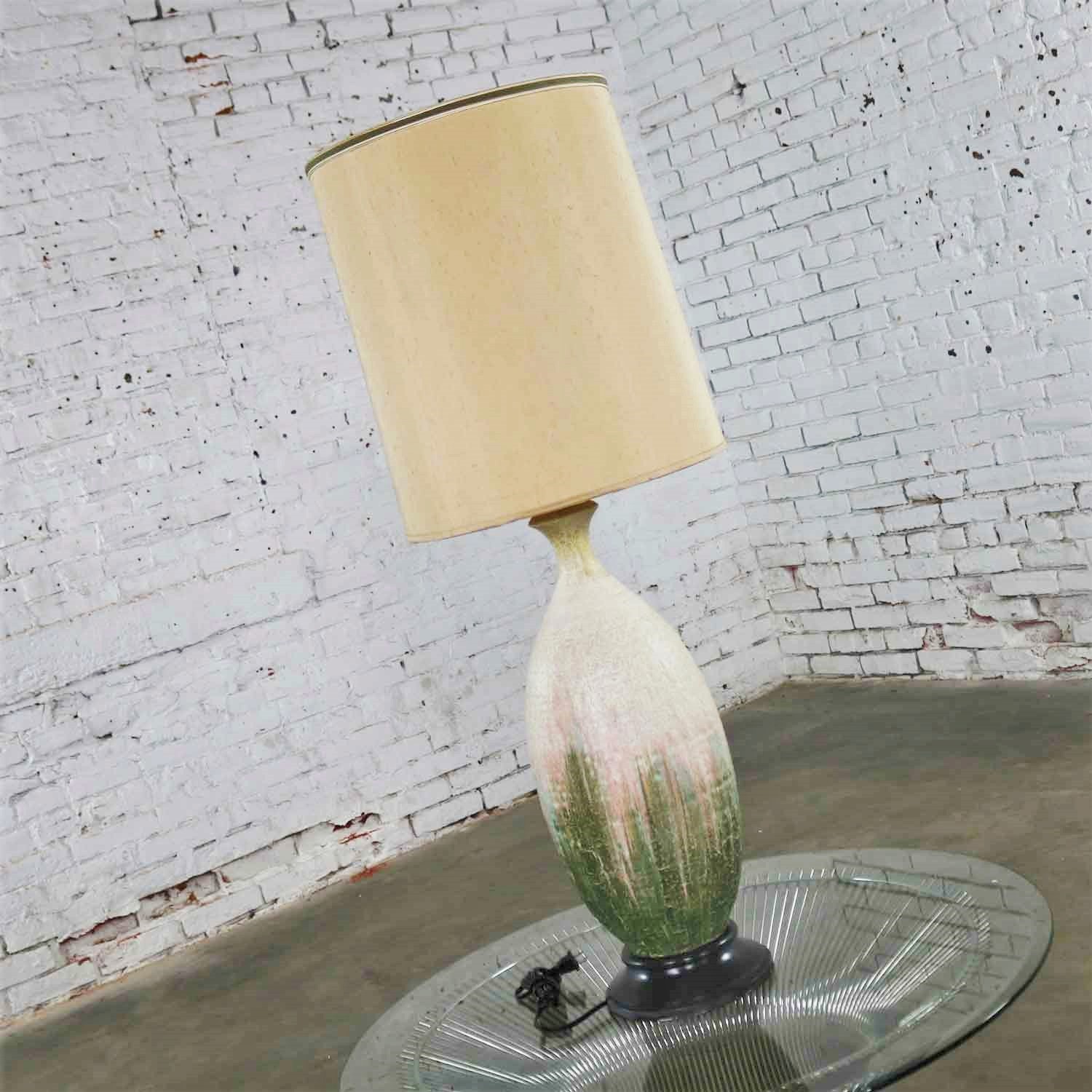 Large Mid Century Modern Ceramic Table Lamp with Cream Fuchsia Green Drip Lava Glaze