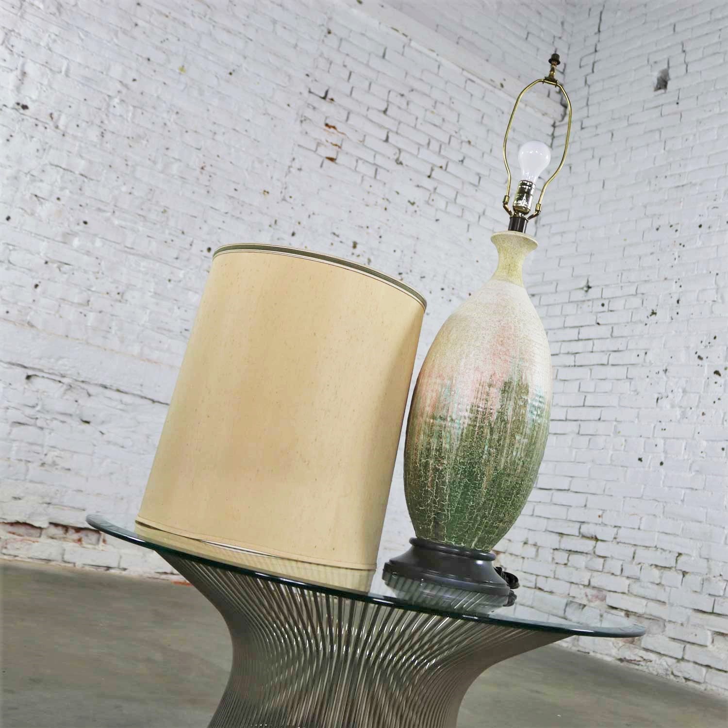 Large Mid Century Modern Ceramic Table Lamp with Cream Fuchsia Green Drip Lava Glaze