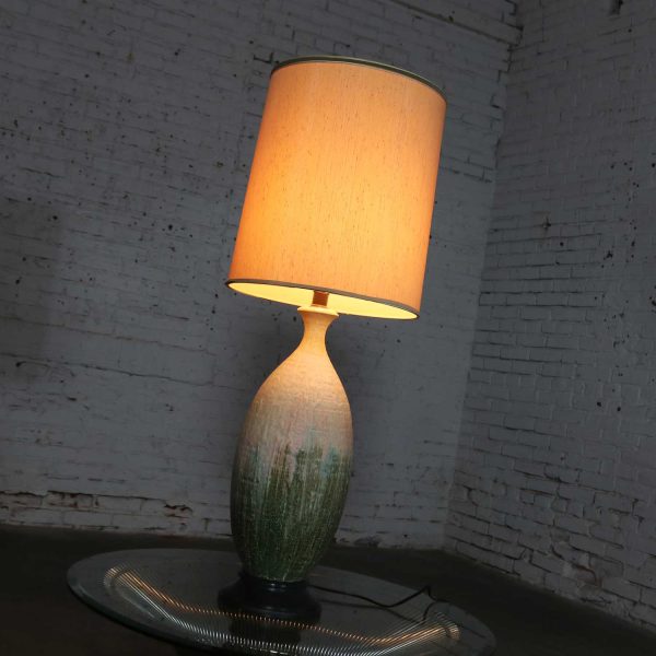 Large Mid Century Modern Ceramic Table Lamp with Cream Fuchsia Green Drip Lava Glaze