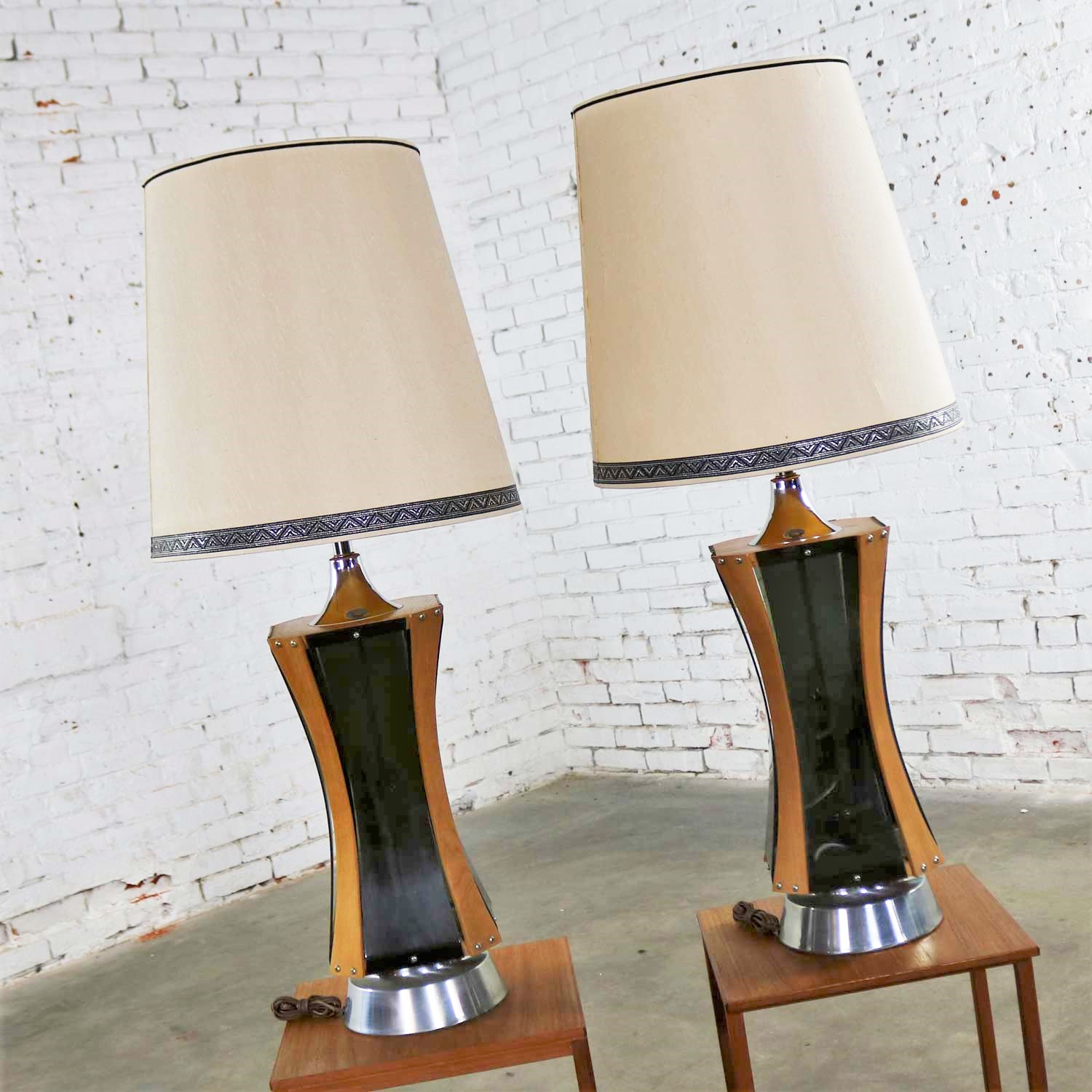 Pair of Walnut Smoke Gray Lucite and Chrome Mid Century Modern Monumental Lamps