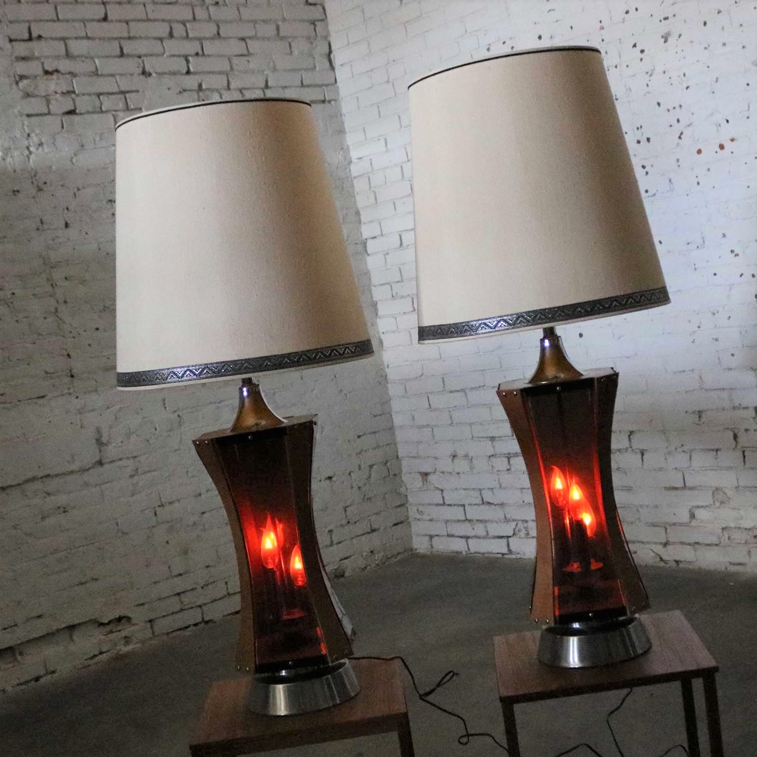 Pair of Walnut Smoke Gray Lucite and Chrome Mid Century Modern Monumental Lamps
