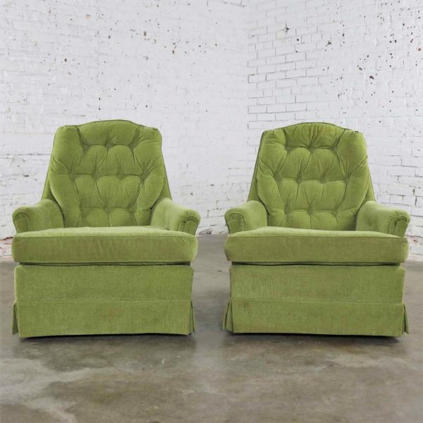 Chartreuse Green Velvet Swivel Rocking Lounge Chairs with Button Back, a Pair