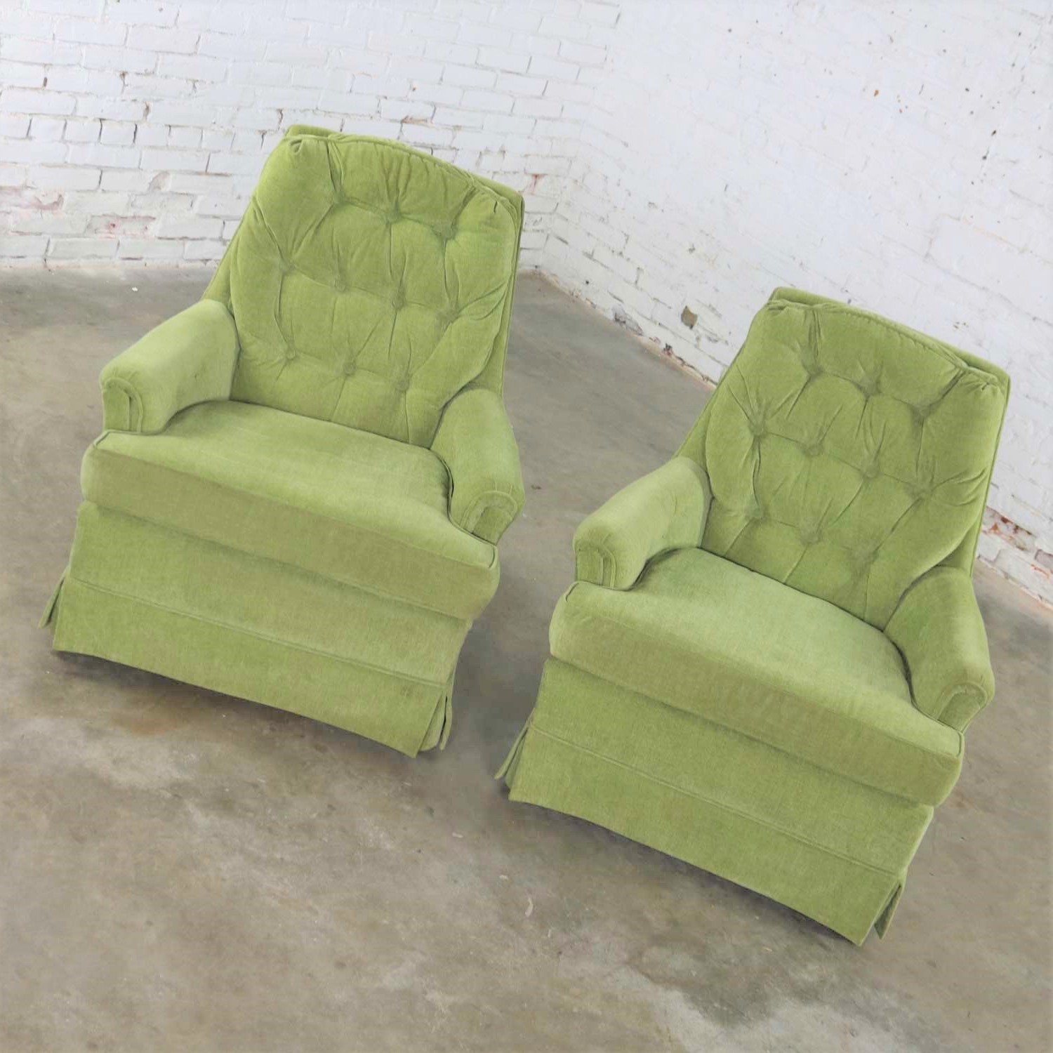 Chartreuse Green Velvet Swivel Rocking Lounge Chairs with Button Back, a Pair