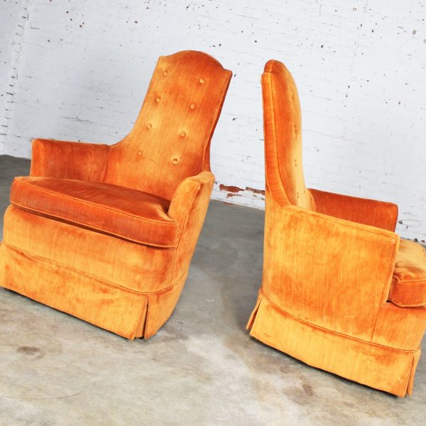 Vintage Hollywood Regency Orange Velvet High Back Pair of Chairs by Perfection Furniture