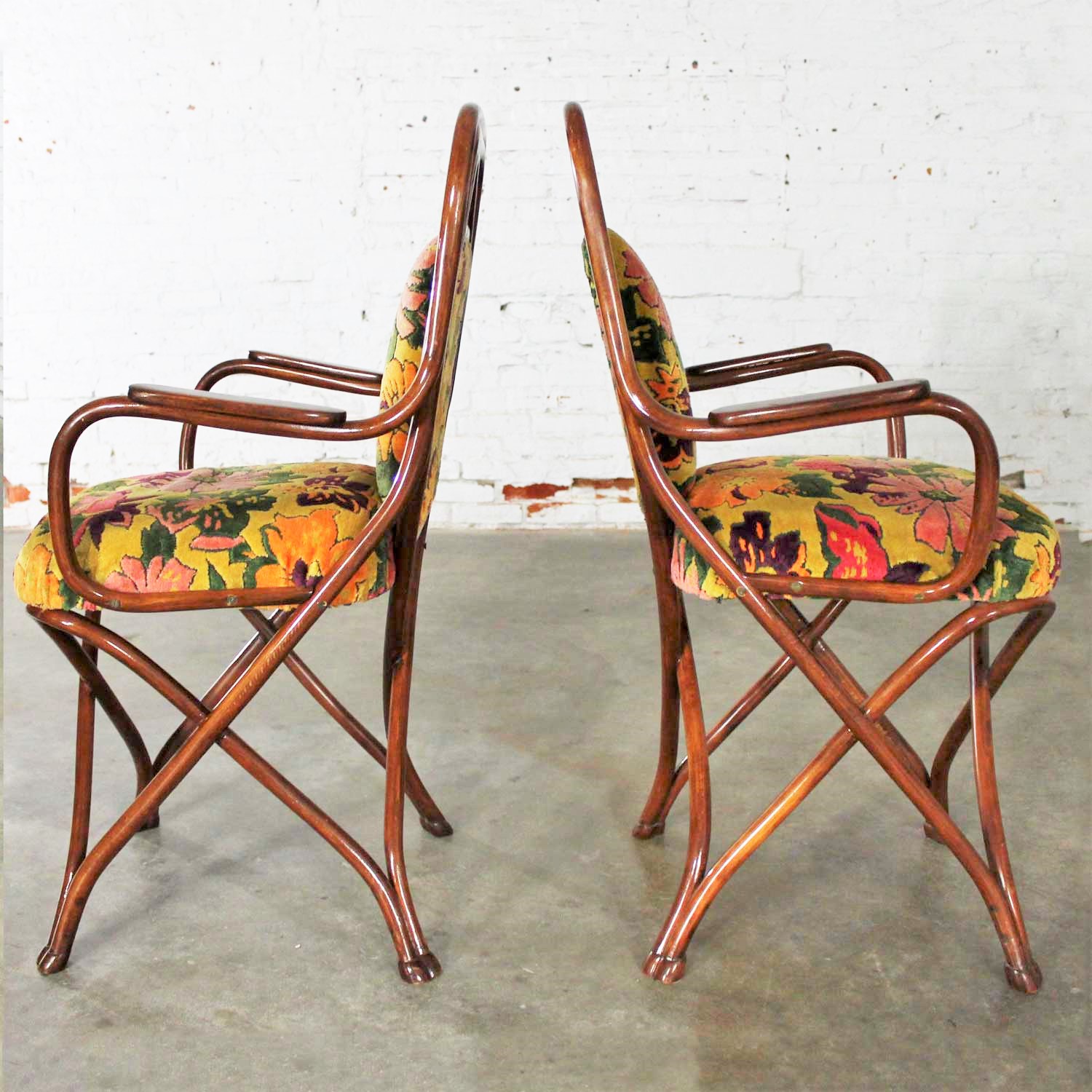 Antique Gebruder Thonet Bentwood Chairs Upholstered Back and Seat Set of Four