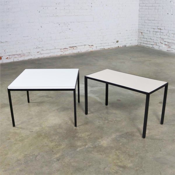 Miss Matched Mid Century Modern Black Wrought Iron Side Tables with Laminate Tops
