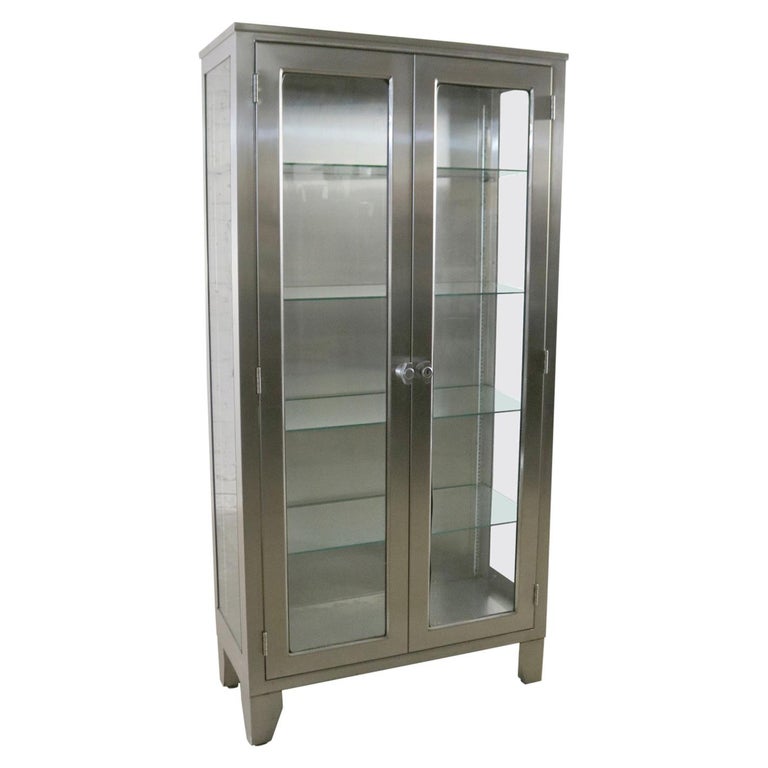 Vintage Stainless Steel Industrial Display Apothecary Medical Cabinet with Glass Doors and Shelves 39-6