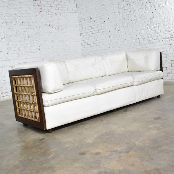 Modern White Leather and Dark Wood Cube Case Sofa with Rattan Panel Inserts