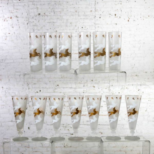 MCM Cavalcade by Libbey Galloping Horse Cocktail Glasses Gold White Pilsner Tom Collins