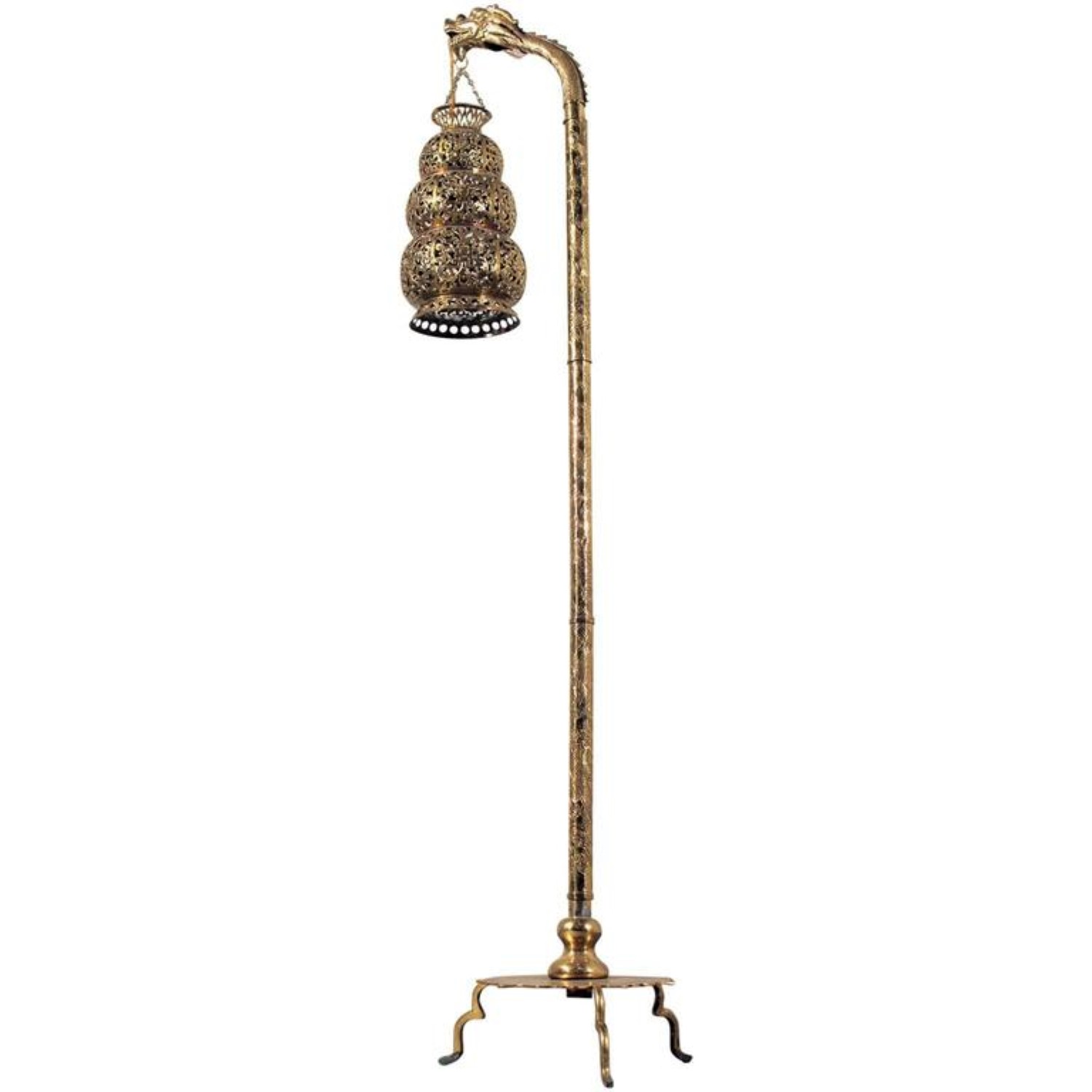 Antique Tibetan Hammered and Pierced Brass Dragon Floor Lamp