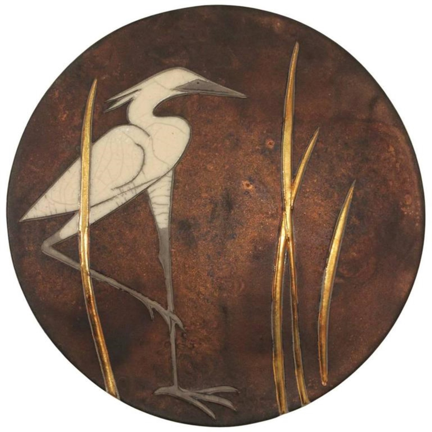 Round Raku Plaque with Egret and Grasses Design