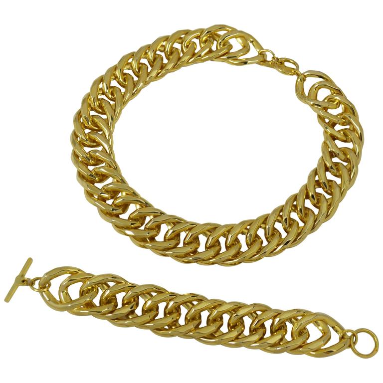 Chunky Gold-Tone Curb Chain Choker and Bracelet in the Style of Christian Dior