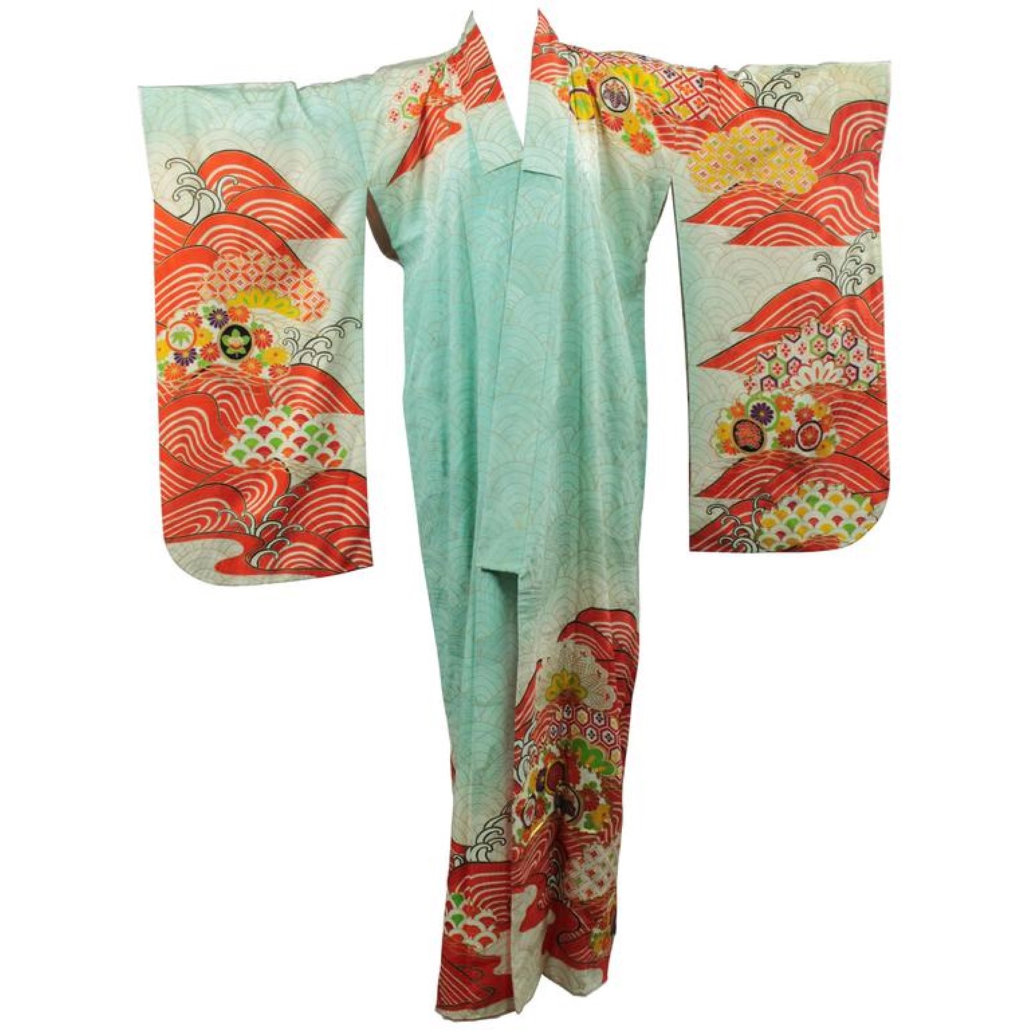 Vintage Japanese Turquoise and Orange Full Length Silk Kimono