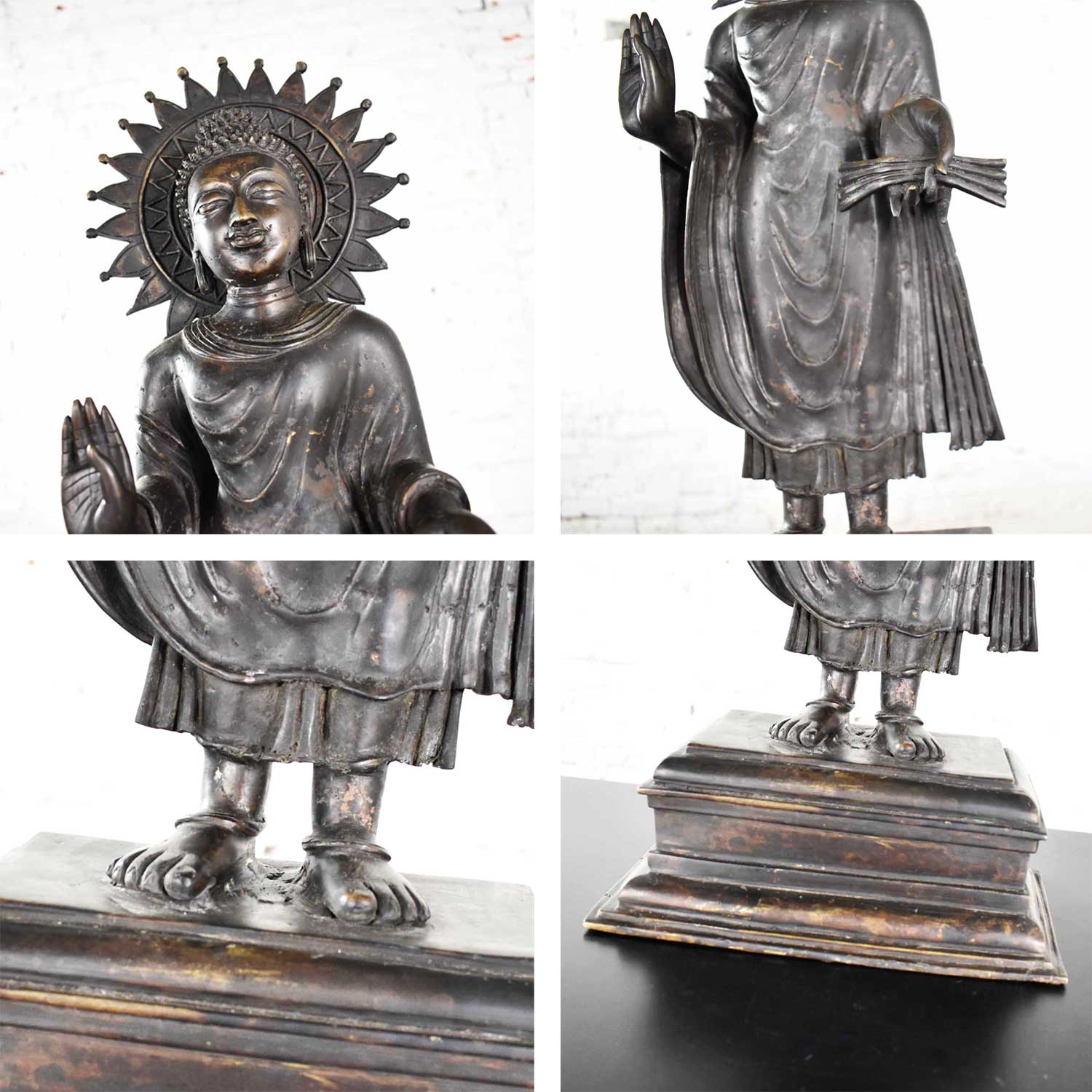 Large Bronze Tibetan Standing Buddha Sculpture with Halo Patinated