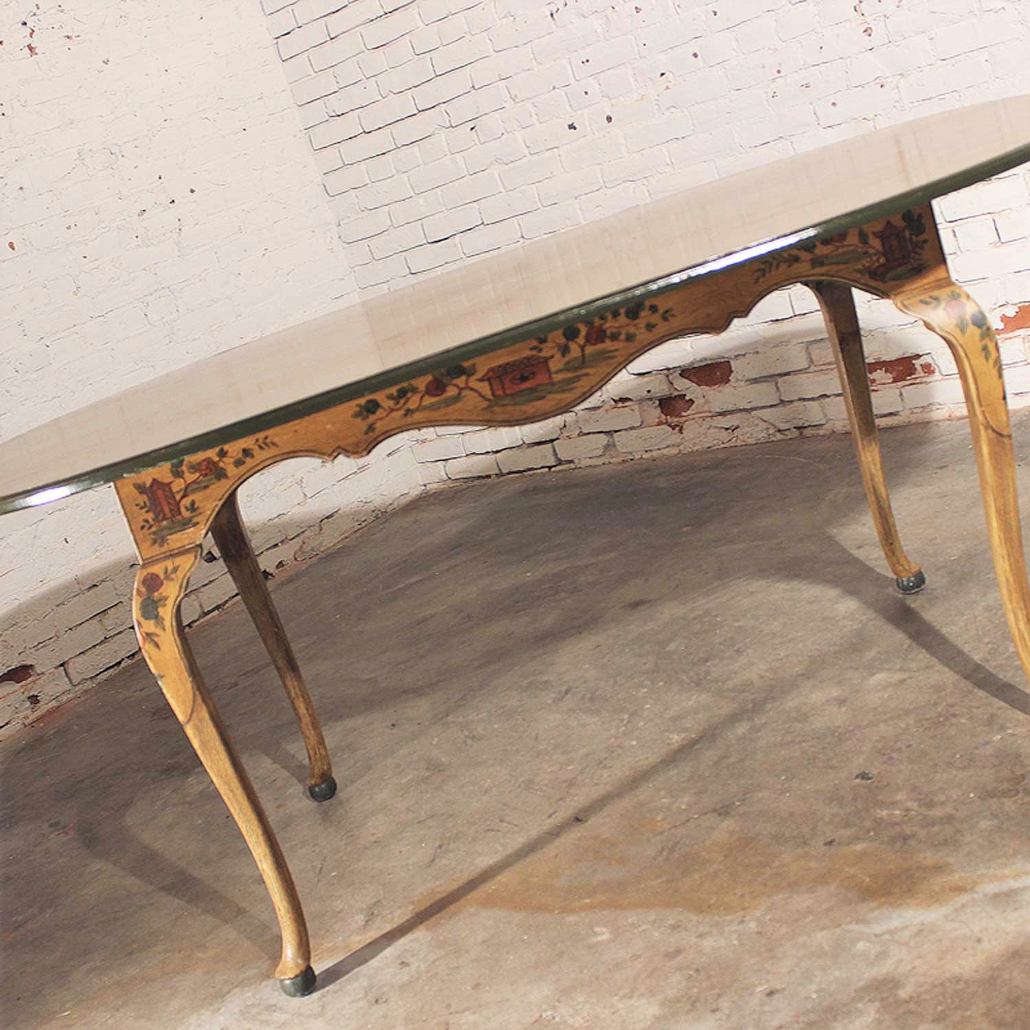 Antique Chinoiserie Hand Painted Oval Dining Table with Cabriole Legs
