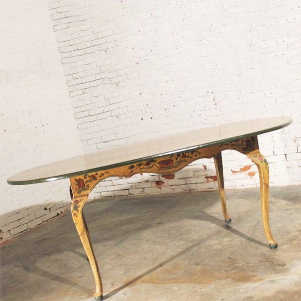 Antique Chinoiserie Hand Painted Oval Dining Table with Cabriole Legs