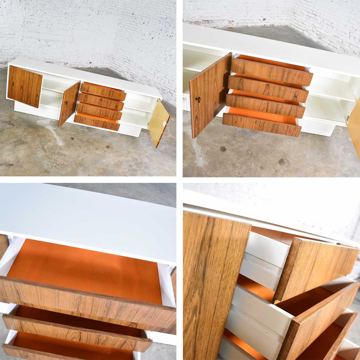 Mid Century Modern Scandinavian Style Credenza Buffet Two Toned w/ White Case & Teak Front
