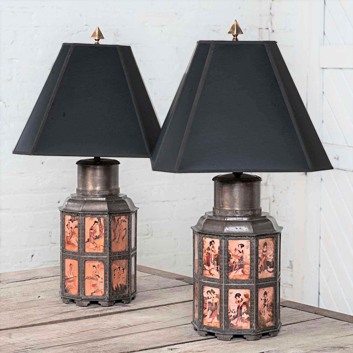 Vintage Pair of Pewter Asian Style Nonagon Table Lamps