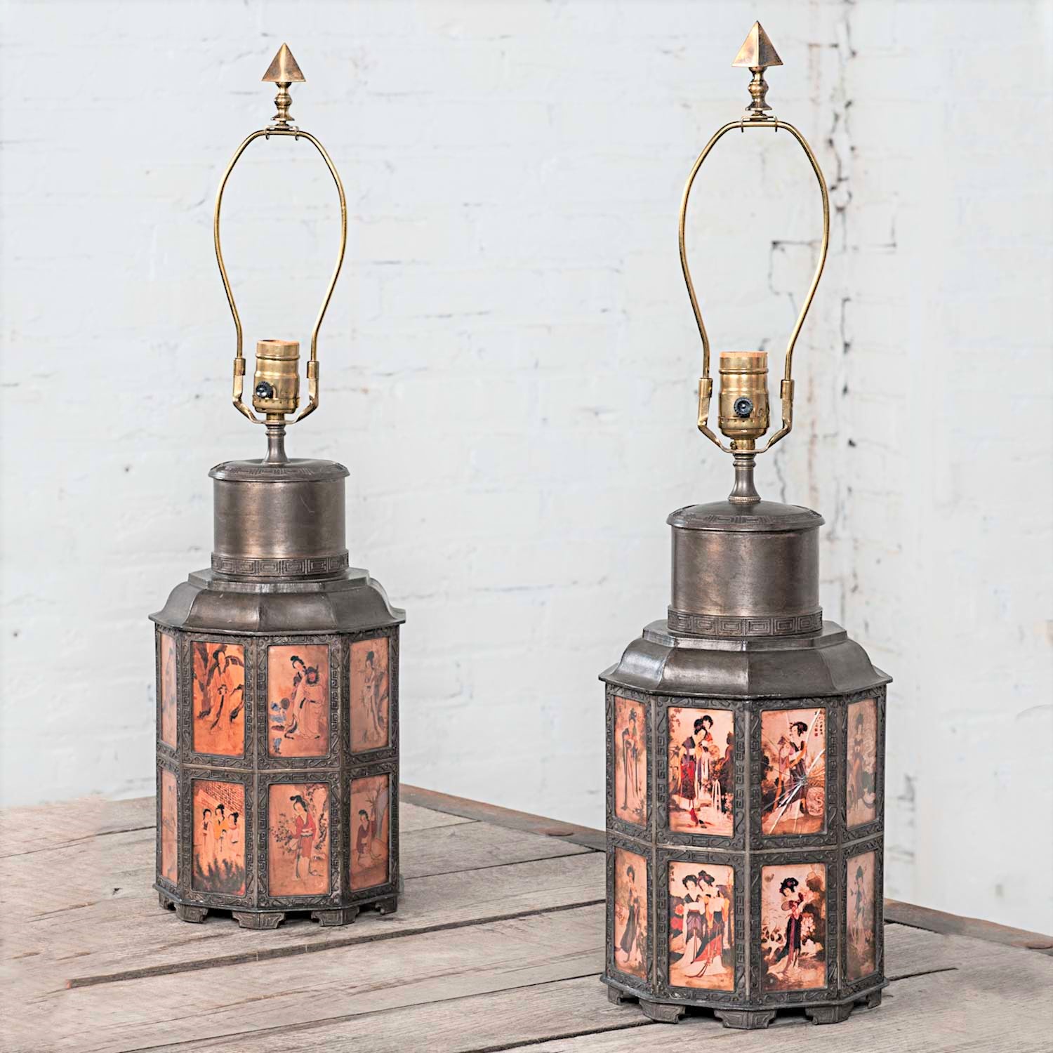 Vintage Pair of Pewter Asian Style Nonagon Table Lamps