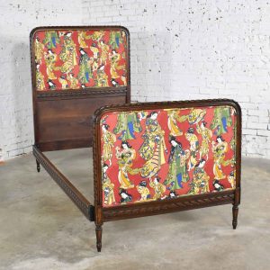 Antique French Carved Walnut and Upholstered Twin Bed with Asian Figural Fabric