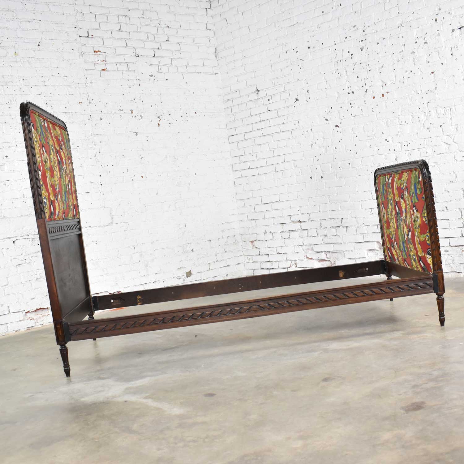 Antique French Carved Walnut and Upholstered Twin Bed with Asian Figural Fabric