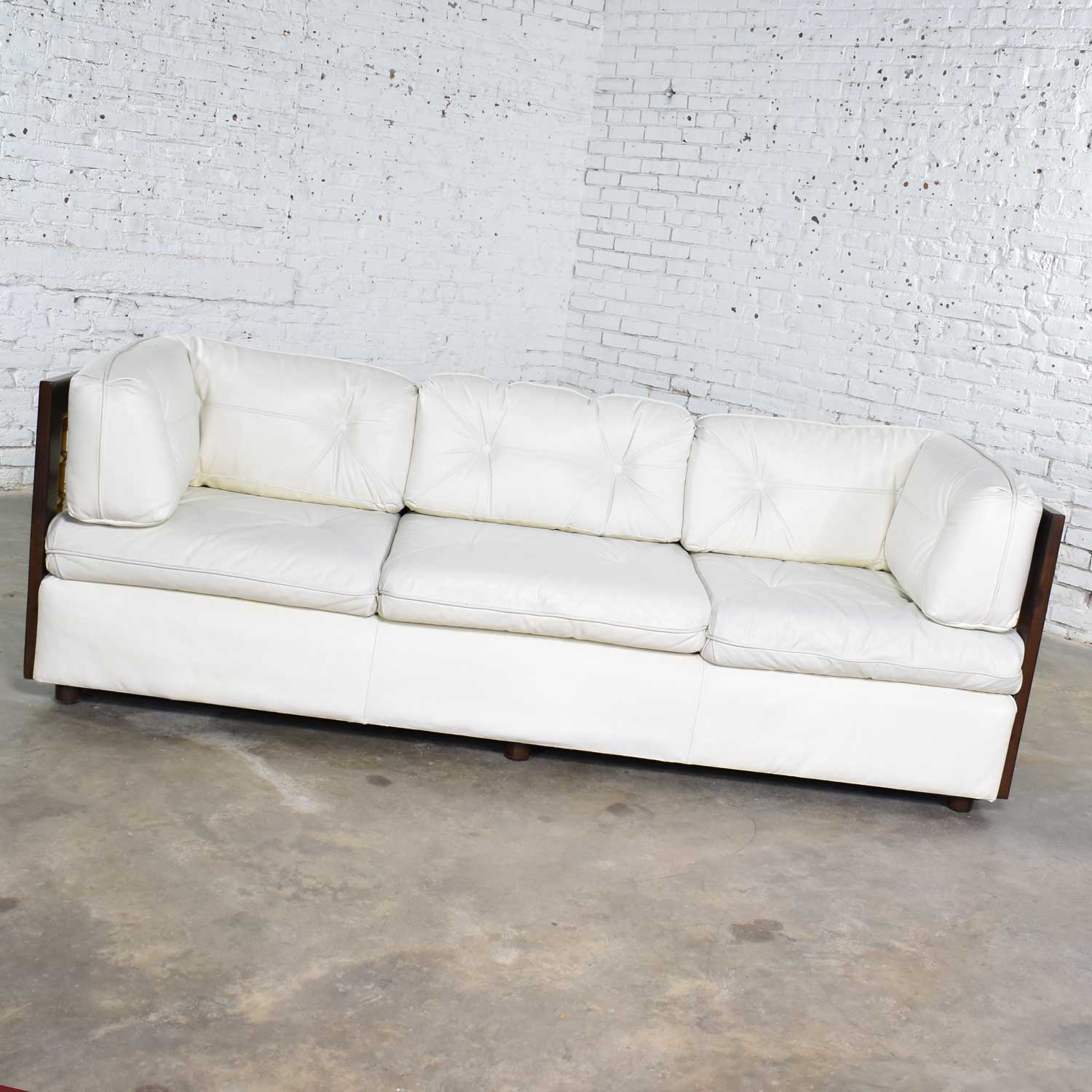 Modern White Leather and Dark Wood Cube Case Sofa with Rattan Panel Inserts
