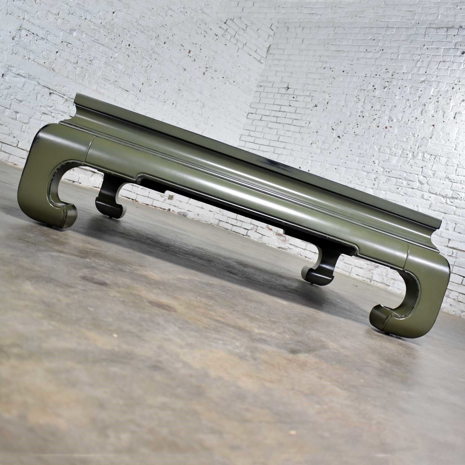Monumental Square Asian Ming Style Lacquered Coffee Table in Sage Green