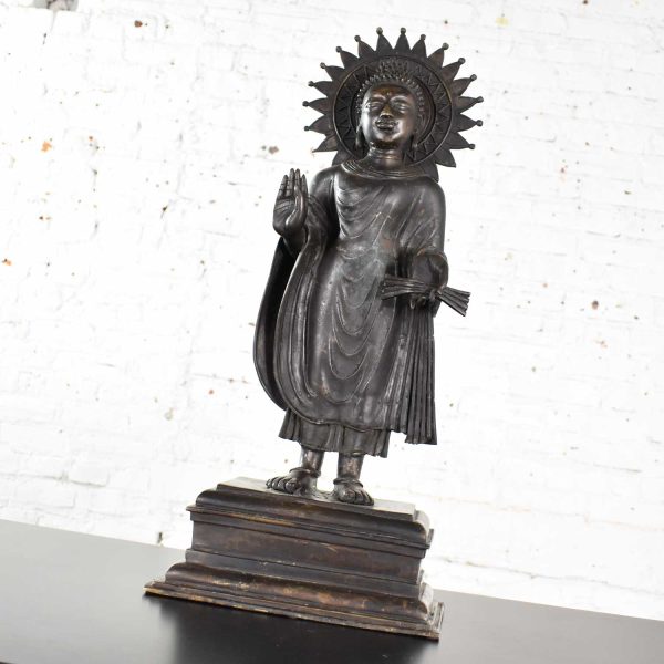 Large Bronze Tibetan Standing Buddha Sculpture with Halo Patinated