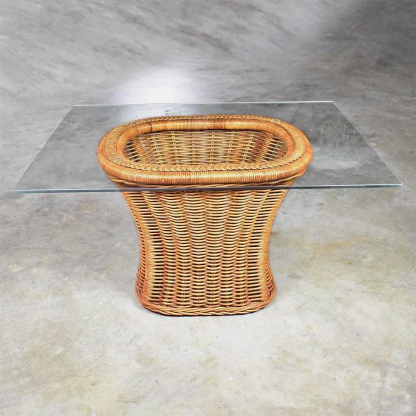 Vintage Organic Modern Woven Wicker Rattan Side or End Table w Rectangular Glass Top