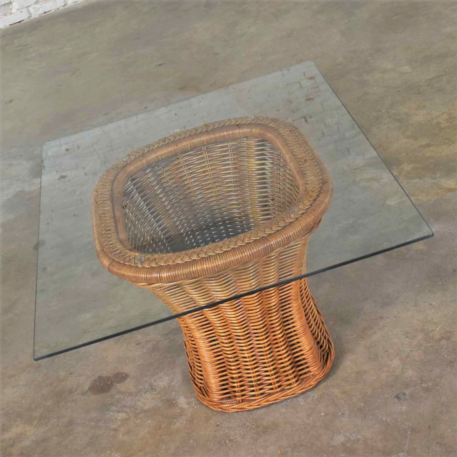 Vintage Organic Modern Woven Wicker Rattan Side or End Table w Rectangular Glass Top