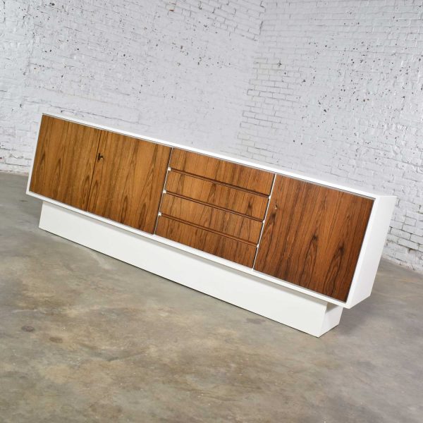 Mid Century Modern Scandinavian Style Credenza Buffet Two Toned w/ White Case & Teak Front