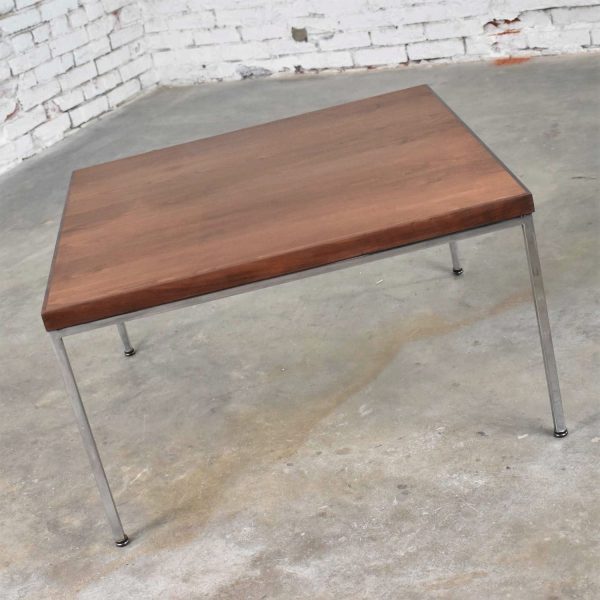 Mid Century Modern Chrome & Walnut End or Coffee Table in the Style of Florence Knoll