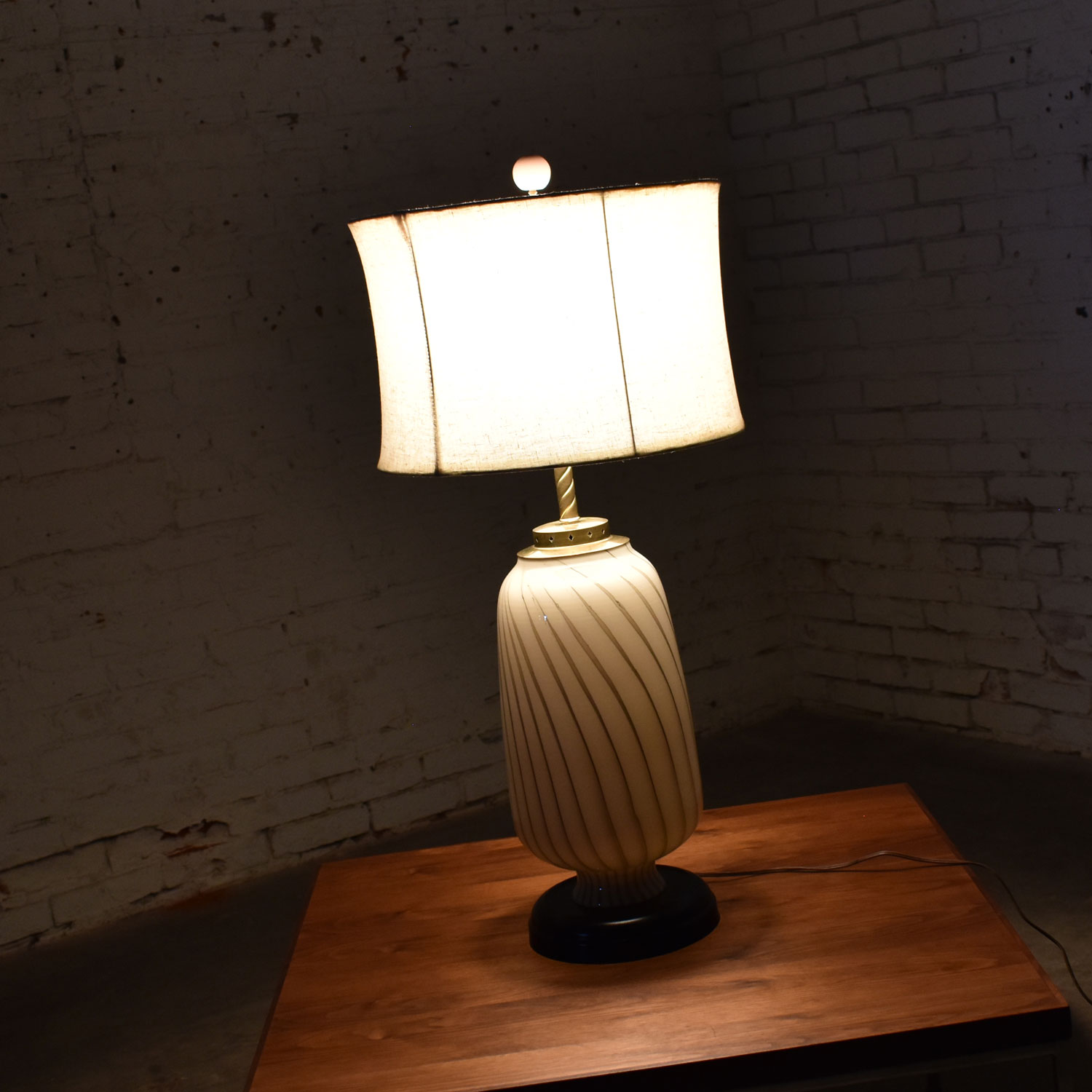Mid Century Modern Murano Style Blown Glass Table Lamp Cream and Taupe