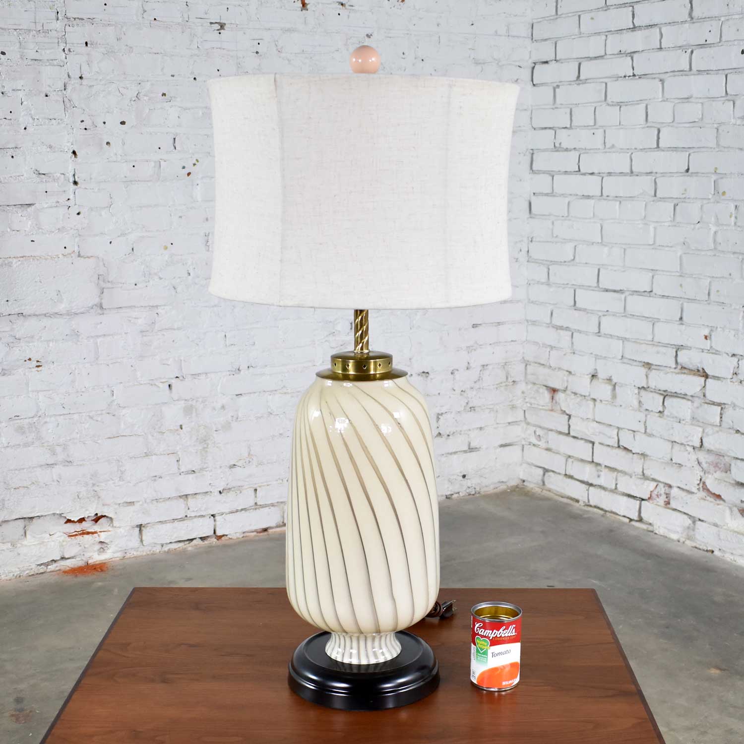 Mid Century Modern Murano Style Blown Glass Table Lamp Cream and Taupe