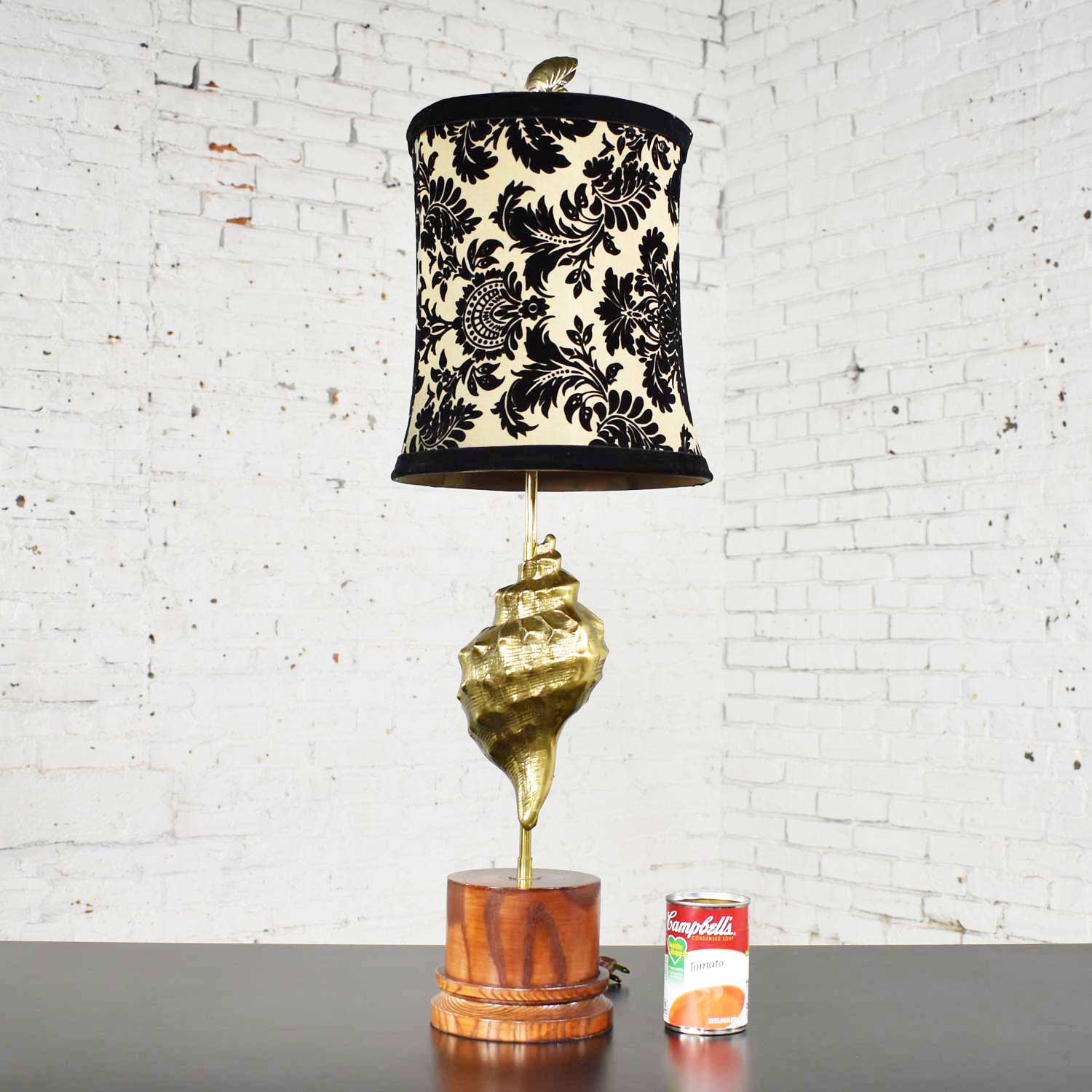 Vintage Cast Brass Conch Shell Table Lamp on Turned Wood Base