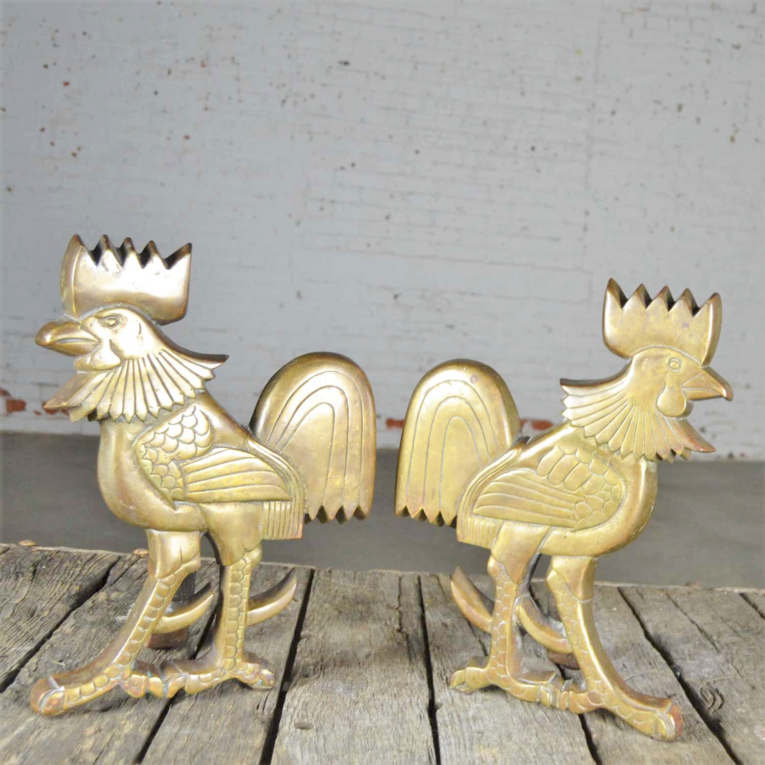 Vintage Rooster Andirons Solid Brass