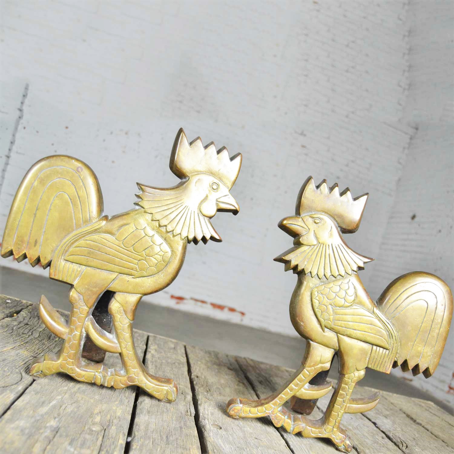 Vintage Rooster Andirons Solid Brass