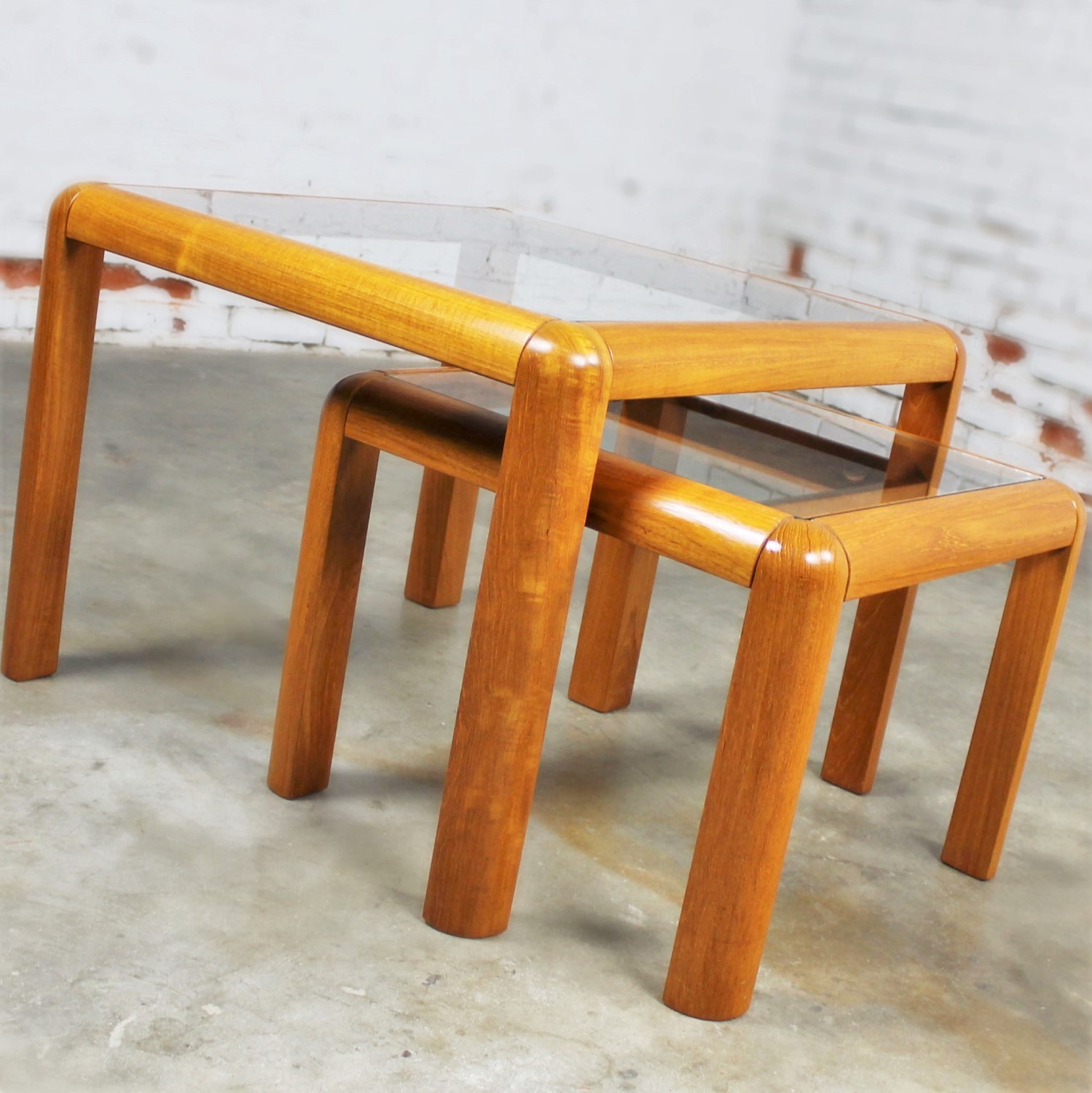 Vintage Danish Mid-Century Modern Teak and Glass Square Nesting Side Tables