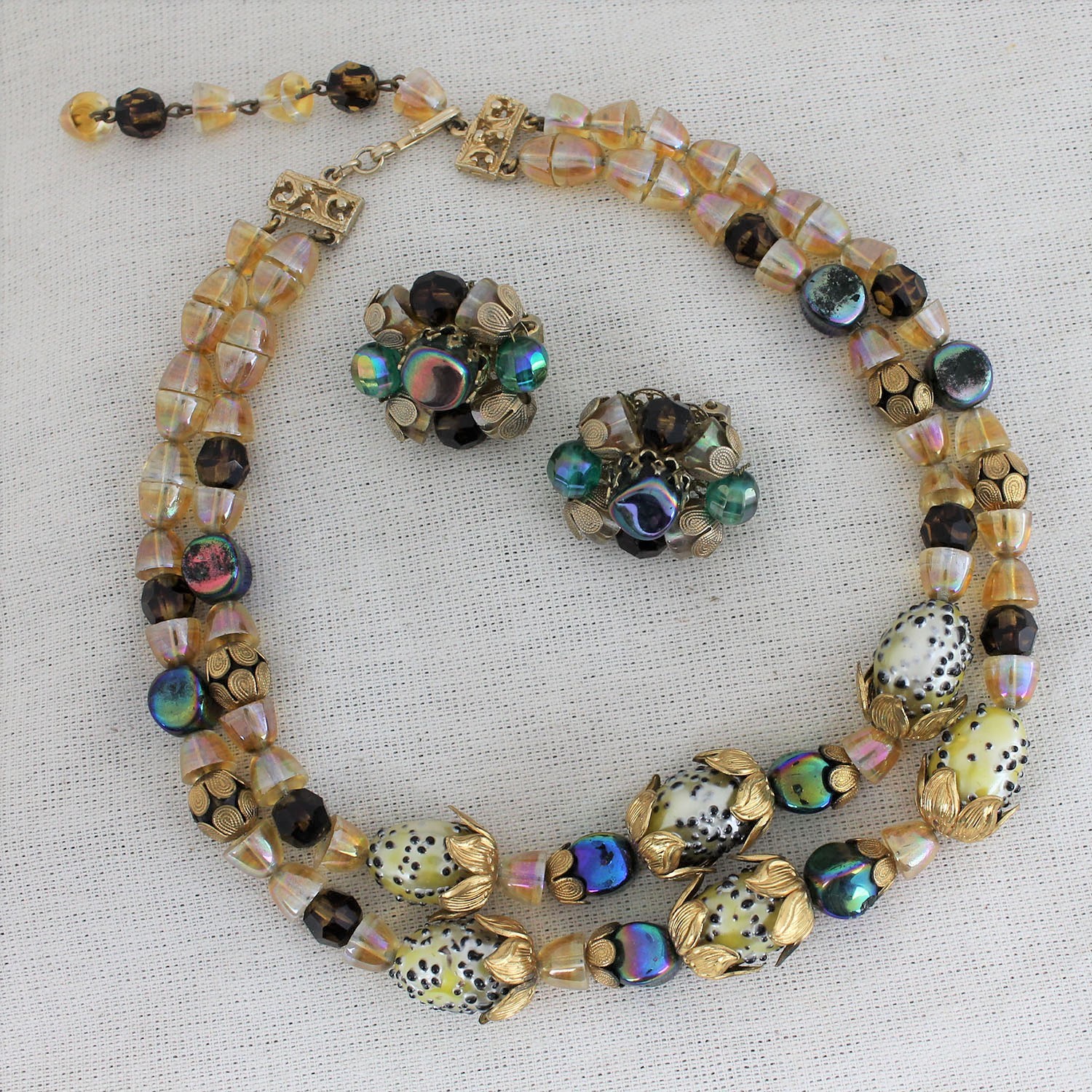 Vintage Hobé Double Strand Necklace with Glass Beads and Gold Tone Filigree