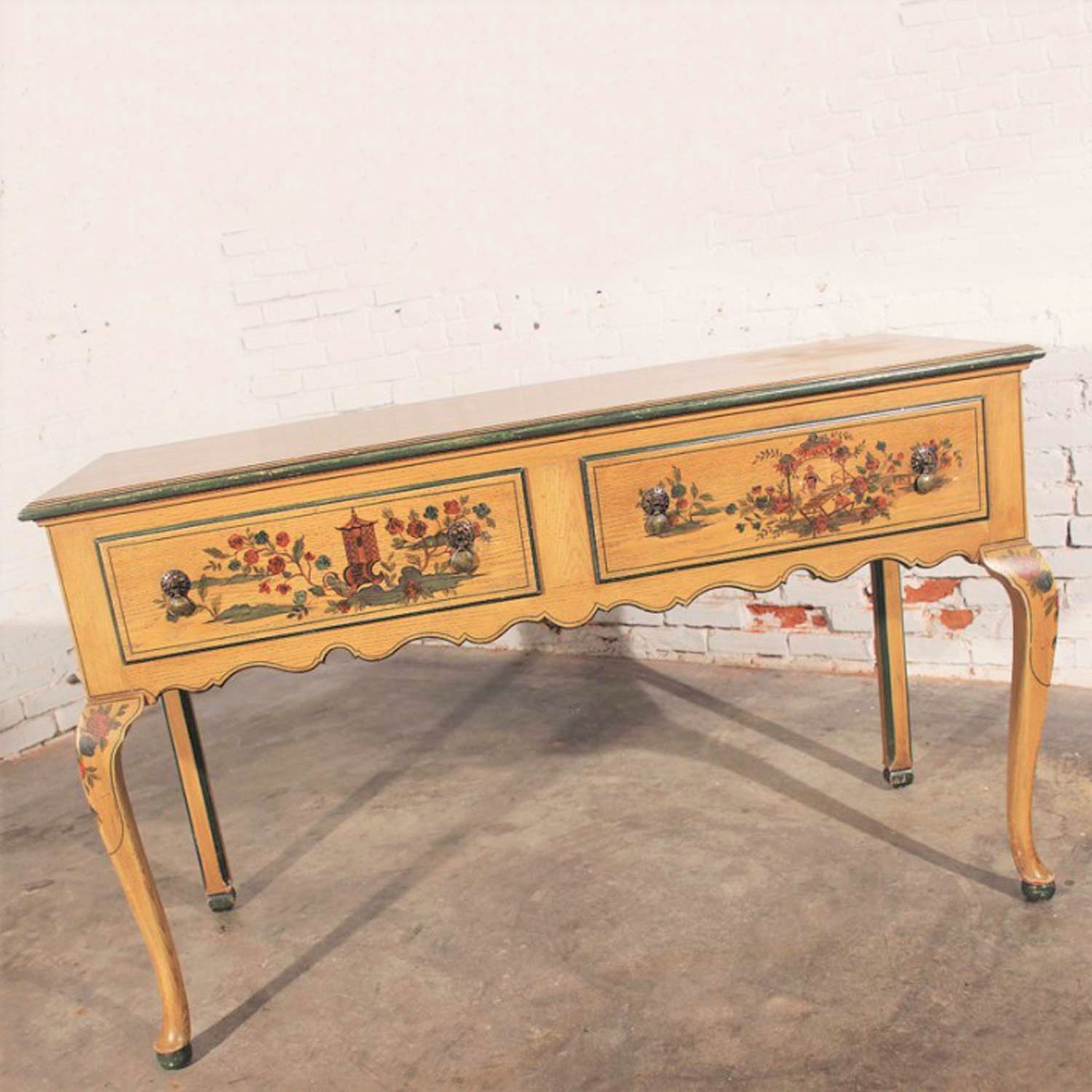 Antique Chinoiserie Hand Painted Hunt Style Buffet Server with Cabriole Legs