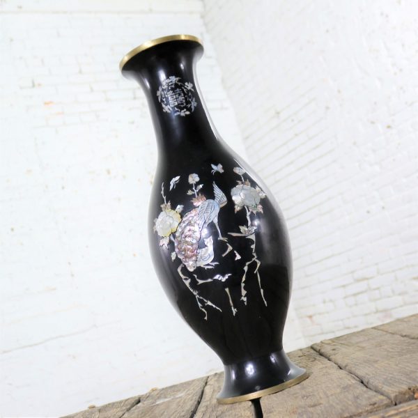 Black Lacquer with Inlaid Mother of Pearl Korean Bottle Vase Extra Large Footed Vintage