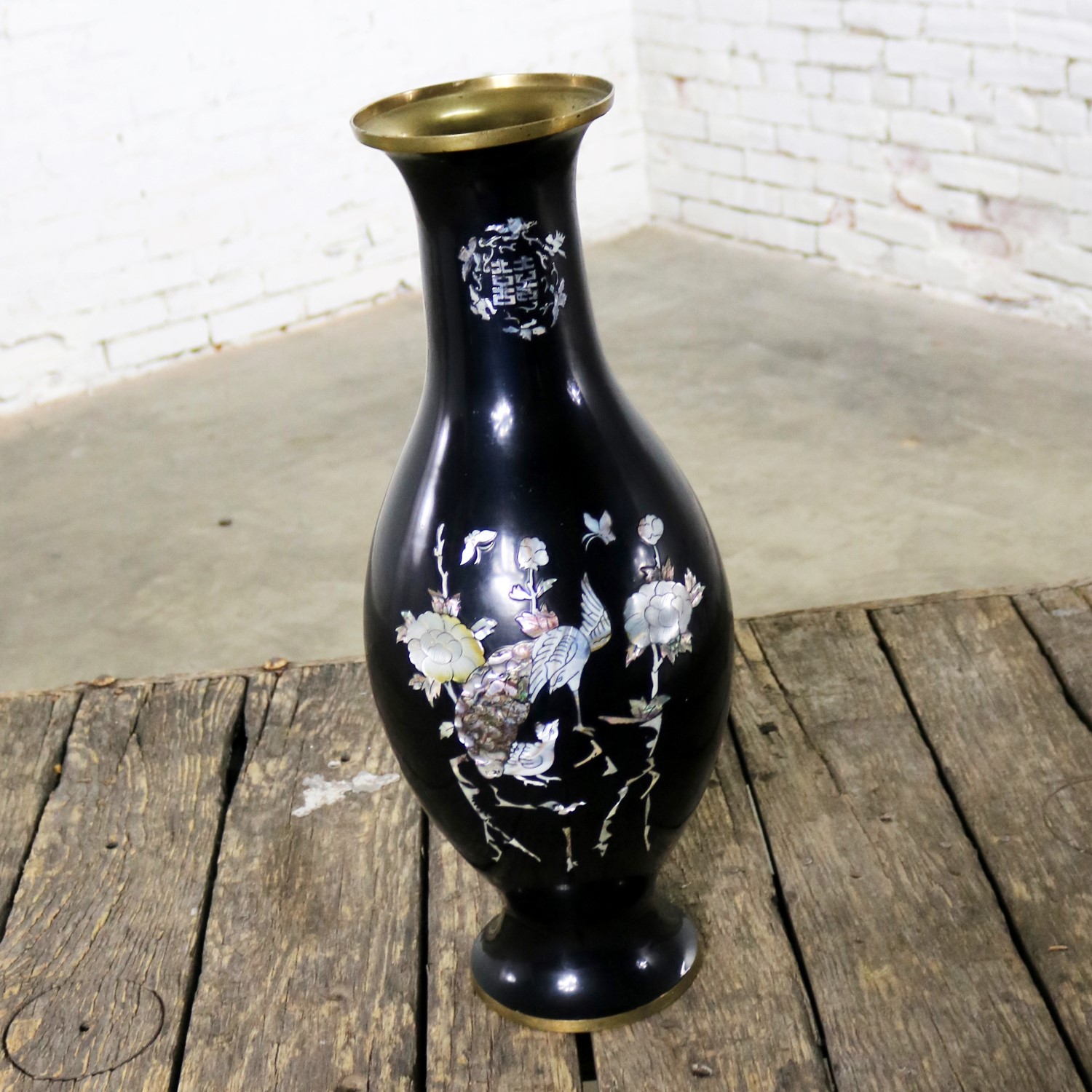 Black Lacquer with Inlaid Mother of Pearl Korean Bottle Vase Extra Large Footed Vintage