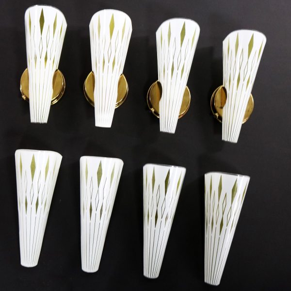 Four Mid Century Modern Curved Glass Wall Sconces White with Harlequin Diamonds