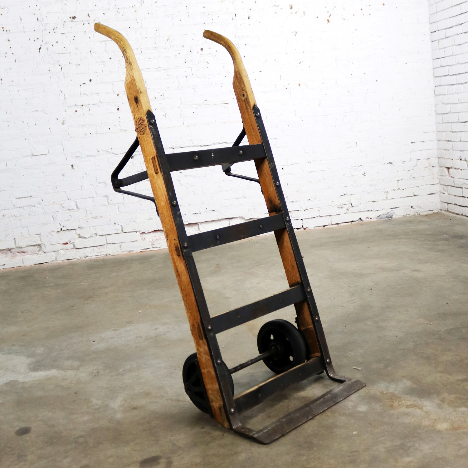 Antique Industrial Oak and Iron Hand Truck Trolley Marked K&J of Columbus Ohio