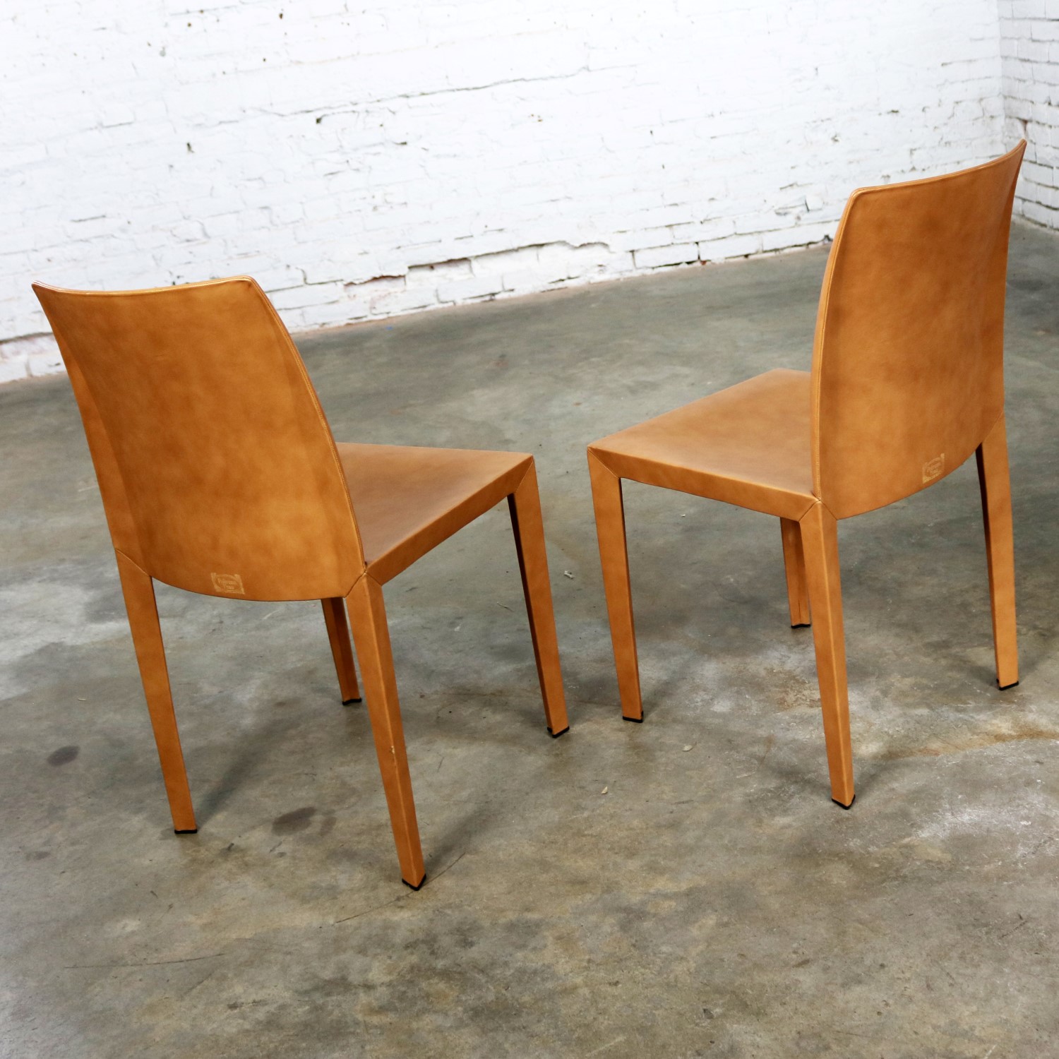 Pair Poltrona Frau Lola Dining Side Chairs by Pierluigi Cerri Vintage Cognac Leather