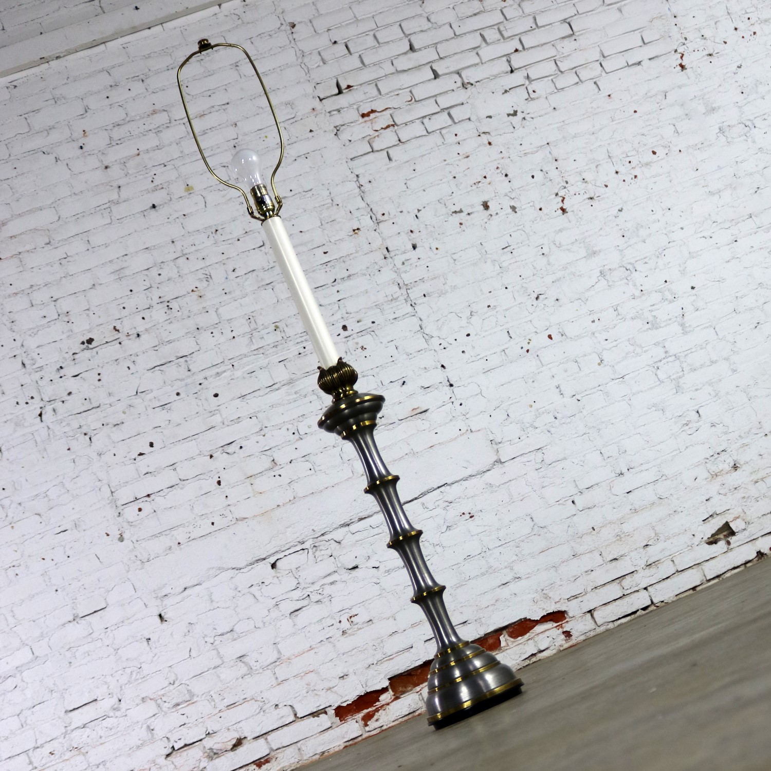 Stiffel Tall Table Lamp or Low Floor Lamp Mid Century Brass and Brushed Stainless Steel