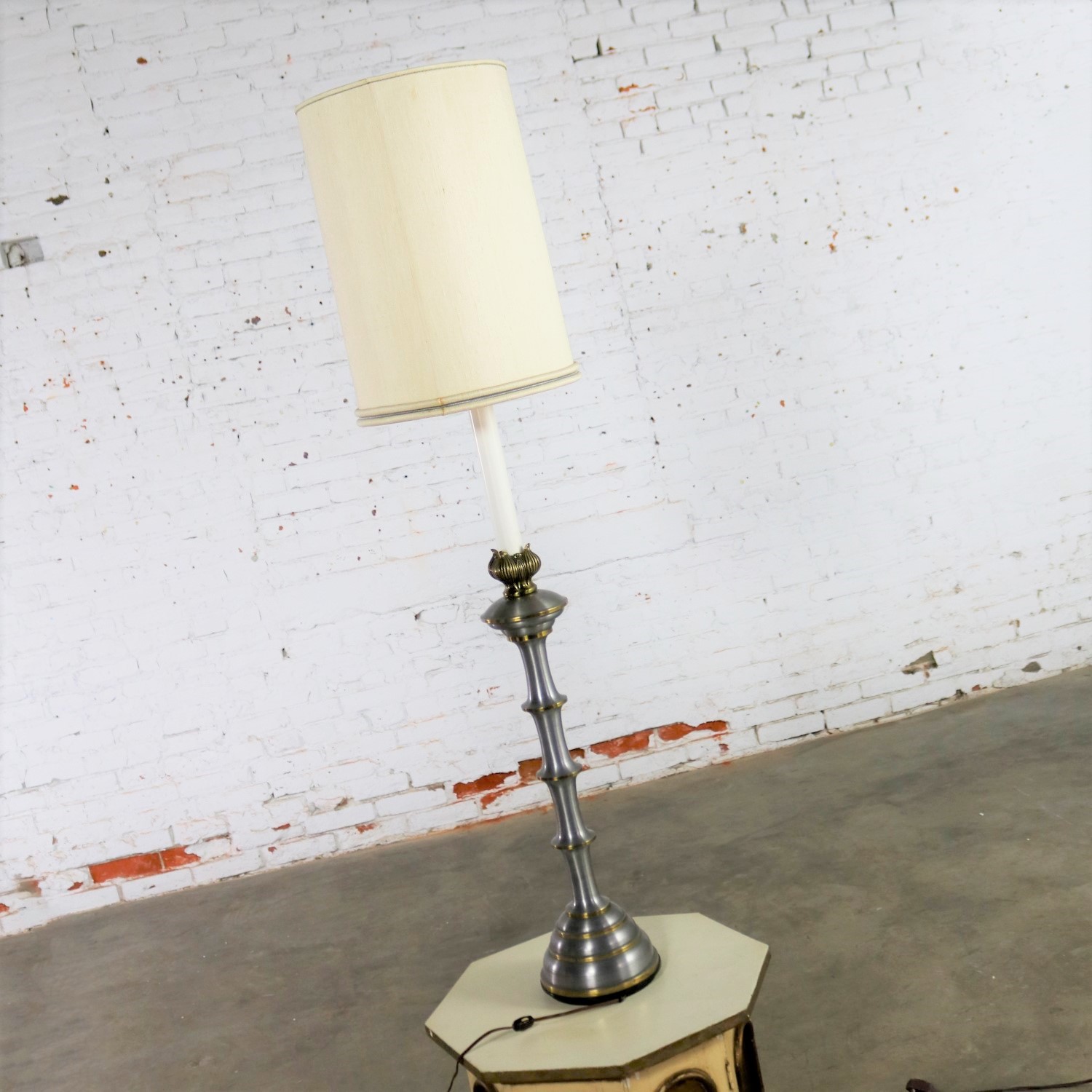 Stiffel Tall Table Lamp or Low Floor Lamp Mid Century Brass and Brushed Stainless Steel