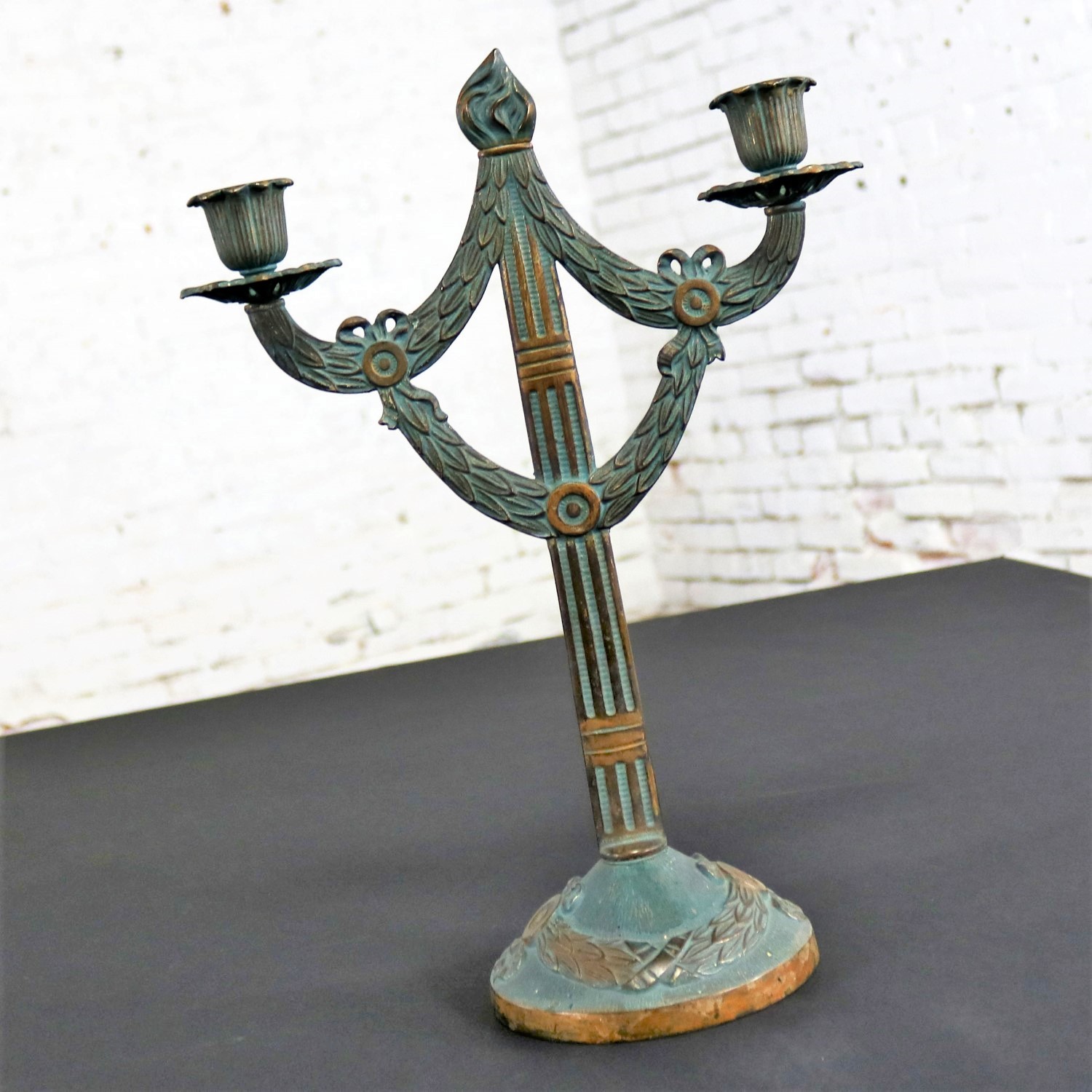 Antique Japanned Finish Two Candle Candelabra